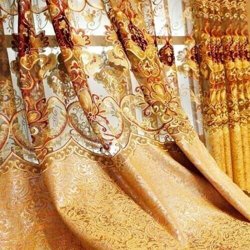 European Style Curtains for Living Room High End Embroidery Embroidered Gauze Window Golden Elegant Bedroom Curtains Valance
