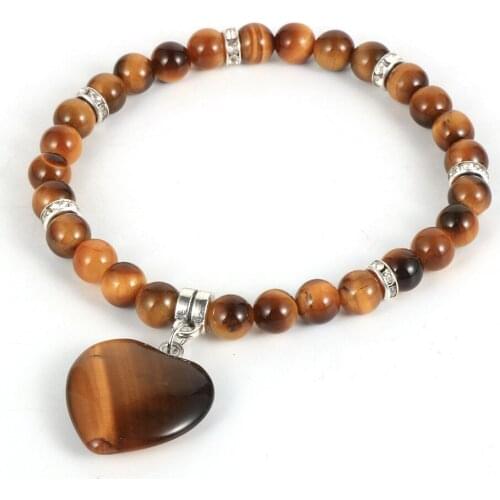 2020 Trendy Natural Stone Heart Love Charms 6mm Tiger Eye Stone Turquoises Beaded Bracelets For Women Girls Couple Gift Jewelry