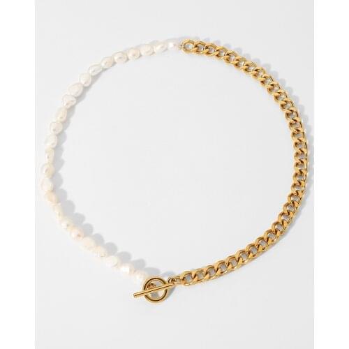 18K Gold Plated Stainless Steel Half Cuban Chain Half Freshwater Pearl Necklace For Women Miami Chain OT Stick Buckle Choker