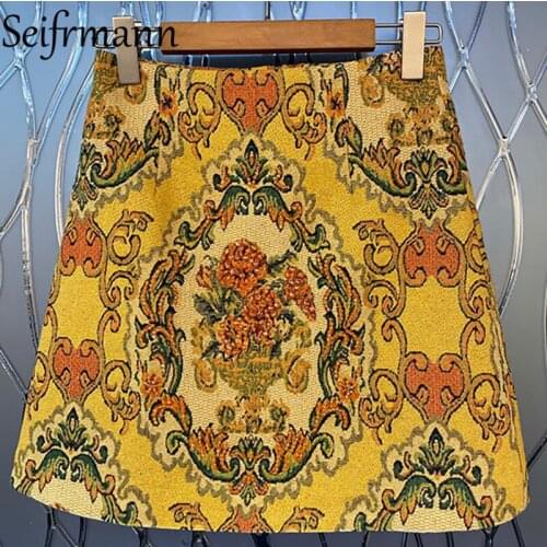 Seifrmann New 2021 Autumn Women Fashion Runway Skirts High Waist Gorgeous Crystal Beading Vintage Printed A-Line Mini Skirts