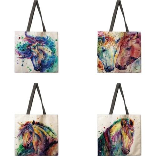 Oil painting horse lady shoulder bag cotton and linen shopping bag handbag high quality foldable handbag
