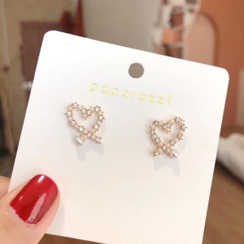 Simulated Pearl Crossed Heart Ear Studs Imitation Crystal Geometry Alloy Stud Earrings for Women Girls Elegant Jewelry