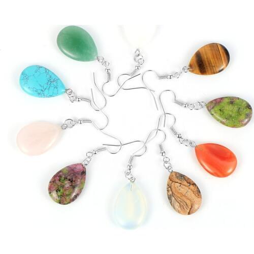 Women Natural Stone Water Drop Dangling Earrings Tiger Eye Turquoises Crystal Opal Pendant Hanging Earring Hoops Female Jewelry