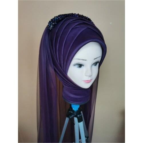 Womens Purple Color Muslim Hijab Scarf Ready to Wear Turban Islamic Headscarf Female Head Wraps lycra tulle wedding party