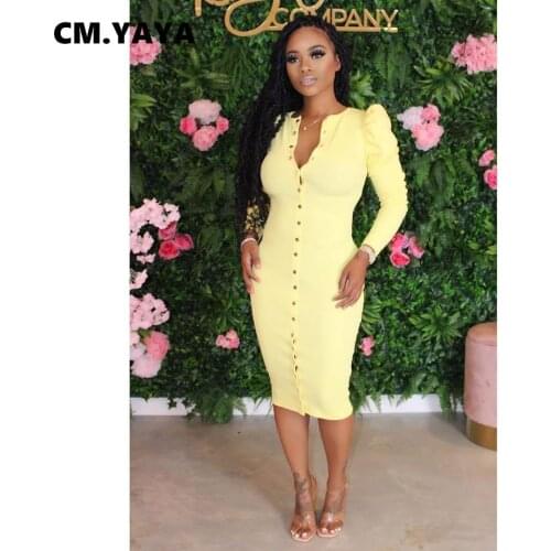 CM.YAYA Women Midi Dress Solid Full Sleeve O-neck Single Breasted Stretchy Bodycon Dresses Office Lady Vestidos Summer Outfits
