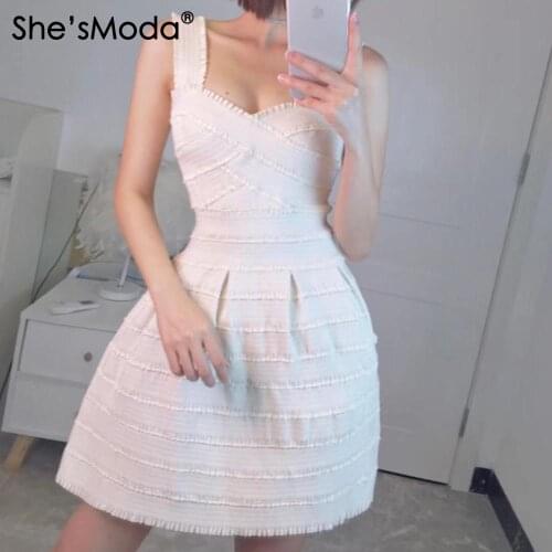 ShesModa 2020 New White Bandage Wrapped Chest Womens Wedding Party Mini Dress