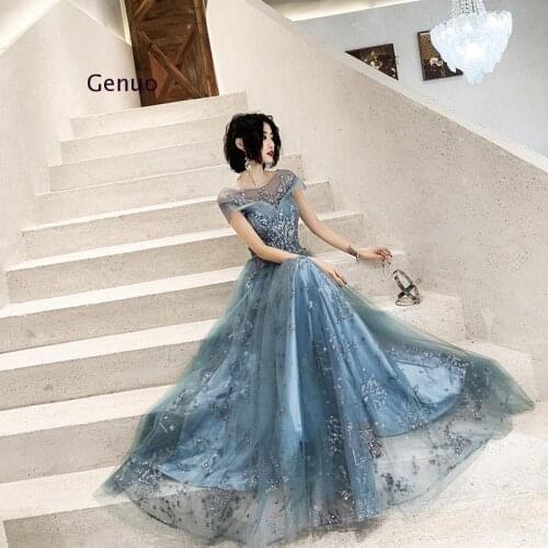 Lake Blue Evening Party Dress Women Sexy Formal Vestido Sequin Dress Summer Formal Robe