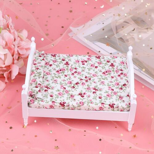 1pc 1/12 Dollhouse Miniature Bedroom Furniture Mini Wooden Bed with Mattress