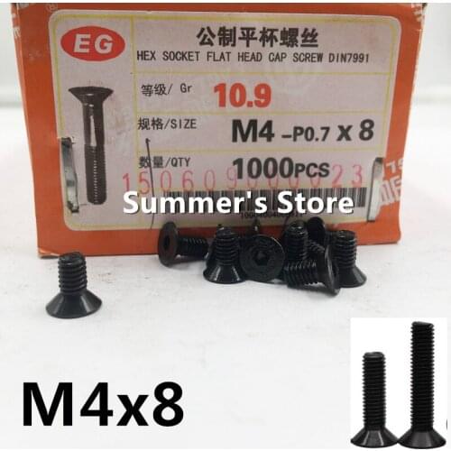 100pcs/lot DIN7991 M4*8mm Alloy Steel Screw Hex Socket Flat Head Cap Screw M4*8mm countersunk head black screw bolt Grade 10.9