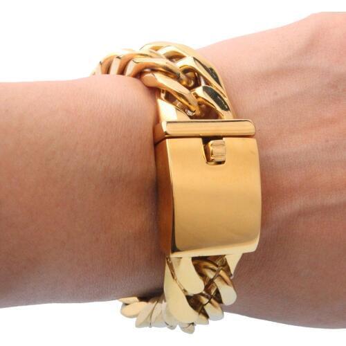 17mm Heavy Mens Buddha Bracelet Curb Cuban Link Gold Color 316L Stainless Steel Wristband Male Jewelry