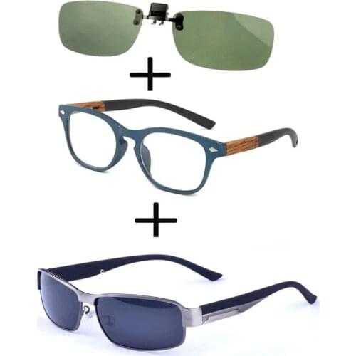 3Pcs!!! Comfortable Wooden Squared Frame Reading Glasses for Men Women + Alloy Polarized Sunglasses Outdoor + Sunglasses Clip