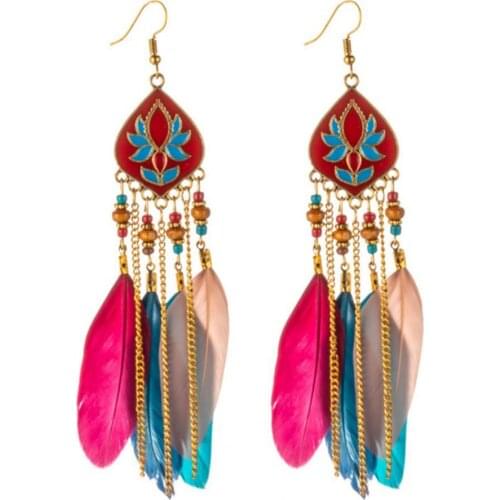 75% HOT SALES!!! 1Pair Earrings Rhombus Shape with Feather Pendant Alloy Women Fashion Long Earrings for Daily Wear
