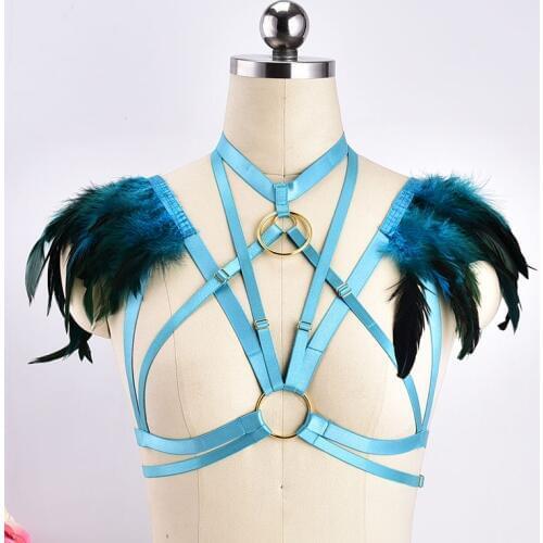Turquoise Feather Cage Body Bra Harness Crop Top Sexy Bondage Harness Lingerie Women Festival Harajuku Bodysuit BDSM Underwear