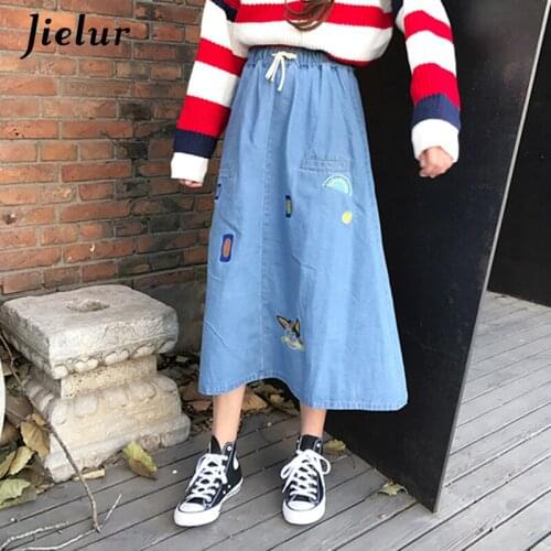 Jielur 2020 Japanese Hipster Embroidery Cat Skirts Women Harajuku Kawaii Long Skirt High Waist Loose Denim Skirts Funny