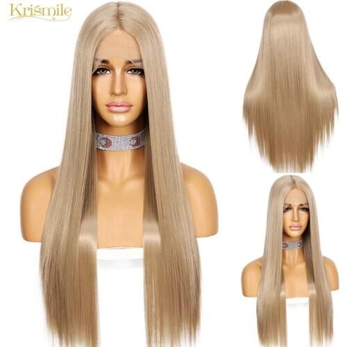 Krismile Long Futura Fiber Lace Front T-Part Synthetic Wig Blonde 103# Color for Women Daily High Temperature Cosplay Party