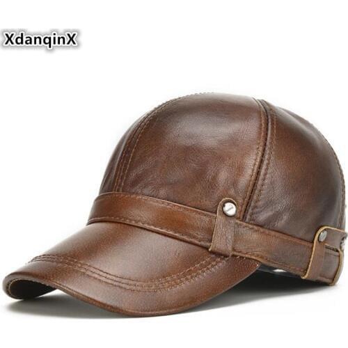 XdanqinX 2020 New Genuine Leather Hat Mens Cowhide Baseball Cap Snapback Cap Adjustable Size Men Brand Leather Cap Earmuffs Hat