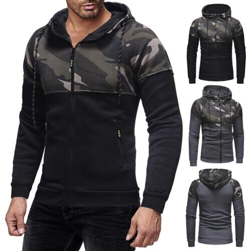 Men Casual Slim Long Sleeve Camouflage Zipper Pocket Hooded Hoodie Sweatshirt