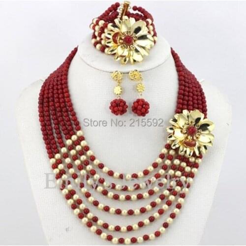 Nigerian Wedding Coral Beads Jewelry Set Red Fashion Bridal Necklace Set African Costume Jewelry Sets Free Shipping CJ120