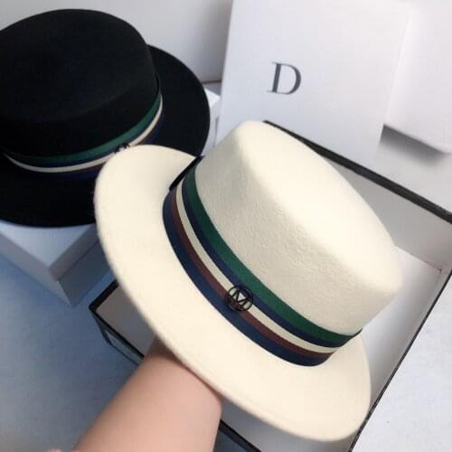 New Brand Flat Top Hat Autumn And Winter Wool French Simple Striped Cap Belt Men And Women All Match Jazz Hat