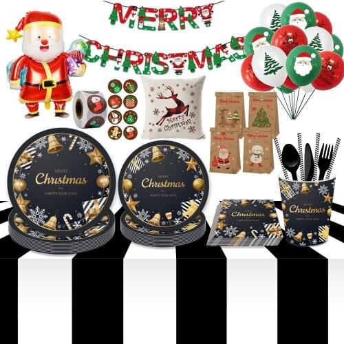 Merry Christmas Disposable Tableware Cute Printed Paper Plates Cups Balloon for Christmas New Year Party Tableware Decor Supplie