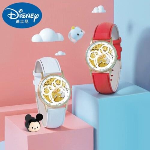 Disney Original Casual Women Hollow Automatic Wrist Watch Leather Rhinestone Design Ladies Clock Simple Dress Gfit Montre Femme