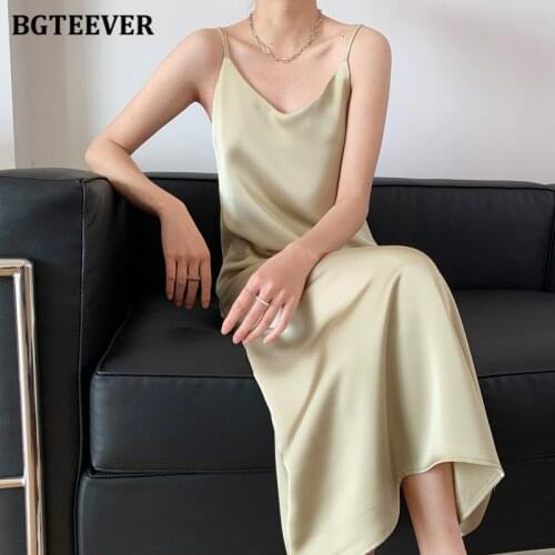 BGTEEVER Summer V-neck Satin Midi Vestidos Femme 2021 Casual Spaghetti Strap Loose Female Straight Dress Ladies Solid Long Dress