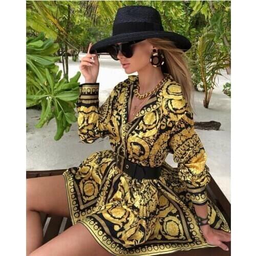 Fashion Vintage Womens Boho Dress 2020 Spring Loose Long Sleeve Party A-Line Dress Ladies Sexy V-neck Swing Short Mini Dresses