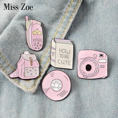 Backpack Book Camera Mobile phone CD Enamel Pin Custom Badges Pink Girl Brooches Lapel Pins Denim Shirt Collar Jewelry Gift Kids