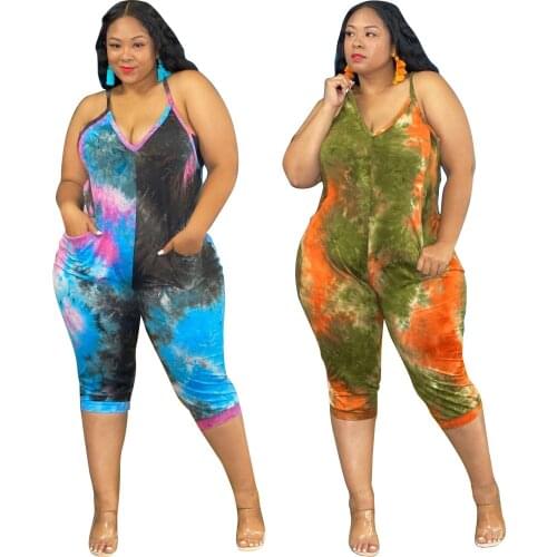 Sexy One Piece Outfits Women Tie Dyed Printed Jumpsuit Vintage V Neck Casual Loose Summer Rompers Plus Size L~5XL Clothing