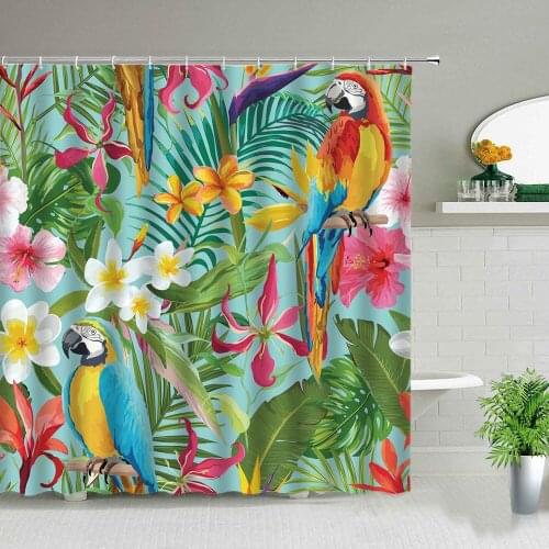 Green Botanical Tropical Flowers and Parrots Floral Summer Pattern for Jungle Animal Shower Curtains Waterproof Polyester Fabric