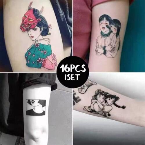 16pcs/lot Waterproof Temporary Tattoo Animatio Sticker Men Fake Tatoo comic Body Girls Tatto Waterproof Temporary Tattoos Anime