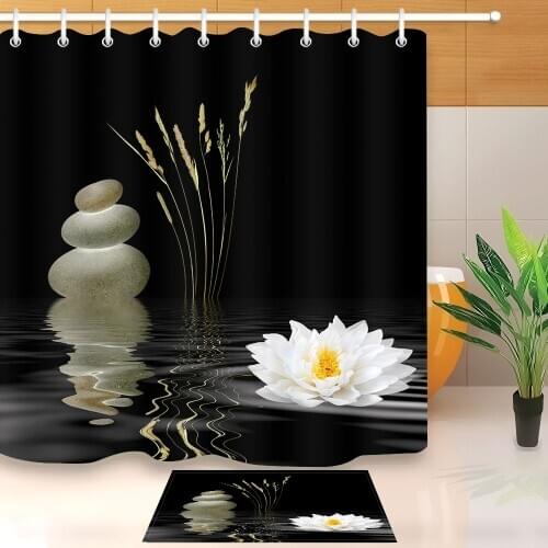 Zen Stone Shower Curtain with Asian Lotus Flower Reflection on Water Bathroom Waterproof Polyester Fabric For Bathtub Decor