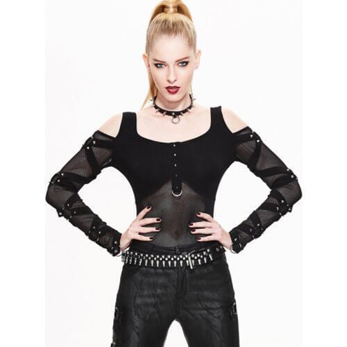 Gothic Punk Women T Shirt Fashion Mesh Stitching Sexy Transparent Long Sleeve Top Female Slim Fit Sexy Top Tees