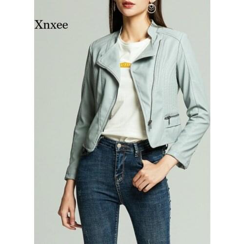 2021 Womens Faux Leather Jacket Autumn and Winter Ladies Basic Short Slim Faux Pu Leather Zipper Motorcycle Jacket