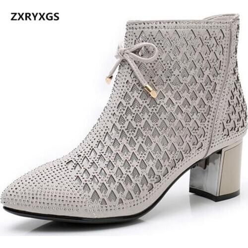 2020 Spring Summer Microfiber Rhinestone Mesh Boots Women Ankle Boots Fashion Shoes Elegant Comfort High Heel Shoes Women Boots
