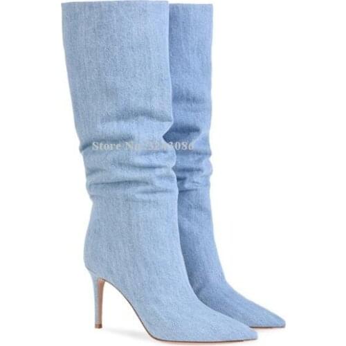 New Woman Denim Knee High Boots Lady Fashion Pointed Toe Stiletto Heel Jeans Long Boots Large Size Party Shoes Dropship