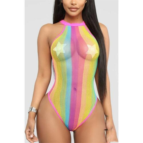 2020 Women Swimwear Striped Swimwear See Through One Piece Swimsuit Monokini Bathing Bikini Halter Swimming Suit Women Bikini