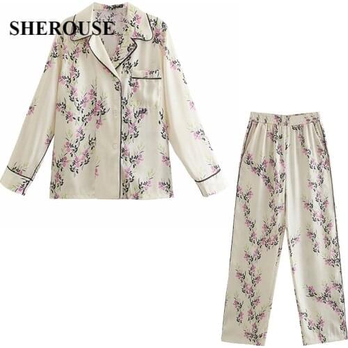 2021 Two Piece Set Women Printed Loose Shirt and Trousers Oversized Blouse Wide Trousers Woman Pajama style Pants Sets Outfits