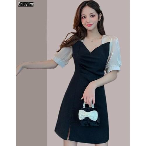 Women 2021 Summer Cute Patchwork Sexy Sheer Mesh Vintage French Little Black Mini Elegant Split Party Dress