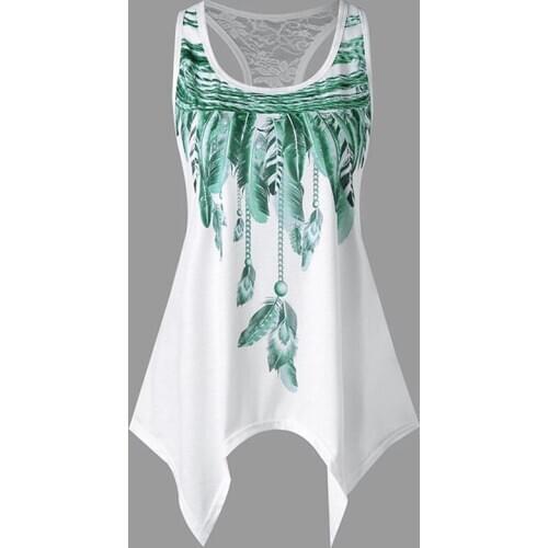 Women Sleeveless Feather Printed Vest Tank Top Summer O-Neck Asymmetrical Tops Tee Shirt New Women Clothing T-shirt