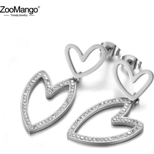 ZooMango Titanium Stainless Steel Crystal Love Double Heart Earrings Bohemia Rhinestone Stud Earrings Jewelry For Women ZE19248