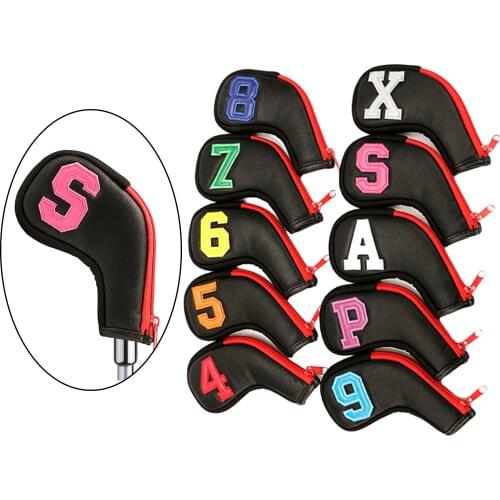 10Pcs PU Leather Golf Club Iron Head Cover Headcover Set Protector Cases Waterproof Long Neck Sleeves w/ Embroidery Pattern