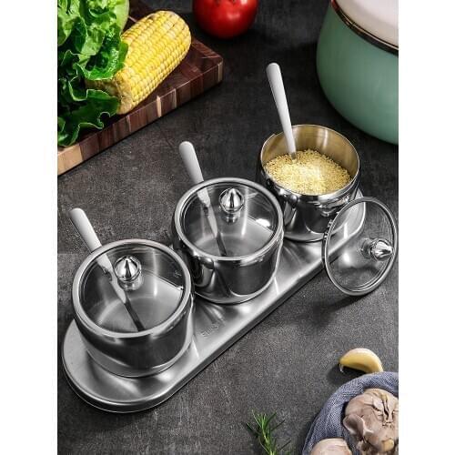 3pcs/Lot Spice Jars Set 304 Stainless Steel Seasoning Pot Mutifunction Spice Bottle Glass Lid Stainless Steel Spoon And Tray Set