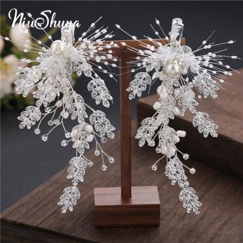 NiuShuya white Hair Clips Wedding Bride Hair Jewelry Pearl Rhinestone Vine Branch Hairpins Feather shape Hairgrip Accessories