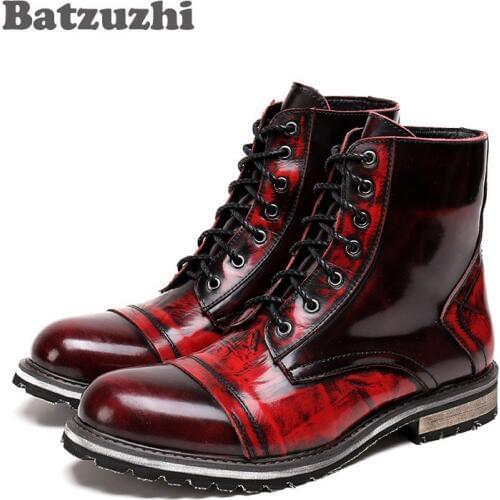 Batzuzhi 2018 Autumn Winter Mens Boots Wine Red Mid-Calf Leather Boots Men British Leather High Boots for Men Zapatos Hombre