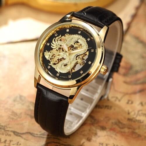 Luxury Automatic Mechanical Wristwatches Golden Dragon Genuine Leather Band Full Steel Mens Watch Waterproof relogio masculino