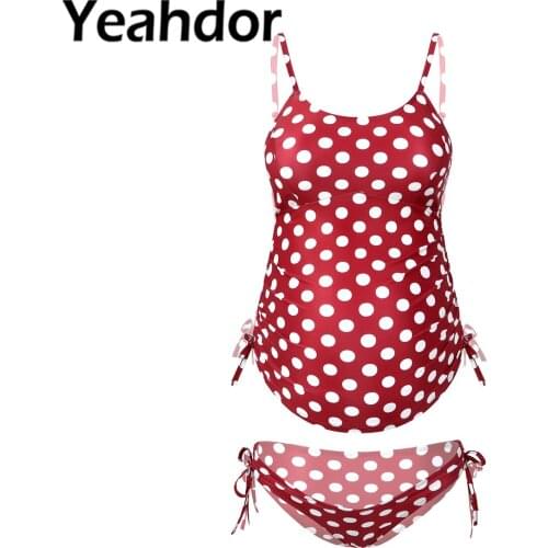 Women Pregnant Swimsuits Maternity Swimwear Polkas Dots Print Tankini Set Sleeveless Side Drawstring Swimming Top with Briefs