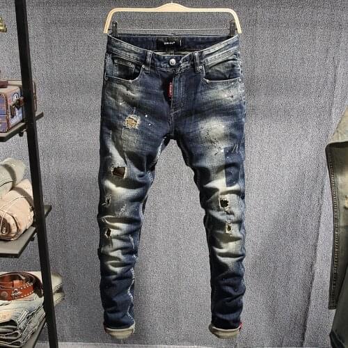 European Street Fashion Men Jeans Retro Black Blue Elastic Slim Fit Ripped Jeans Men Patchwork Designer Hip Hop Denim Punk Pants