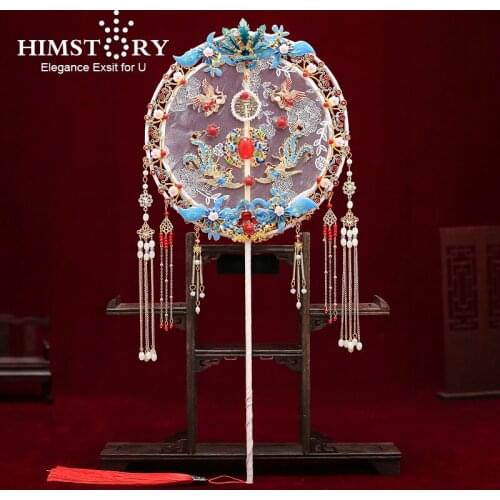 HIMSTORY Elegant Bride Hand Fan Chinese Style Long Handle Flowers Beaded Vintage Fan Gold Tassel Wedding Bouquet Accessories