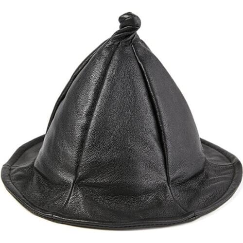 Leather Witch Hat for Men Real Sheepskin Genuine Leather Bucket Hat Womens Wizard Hat